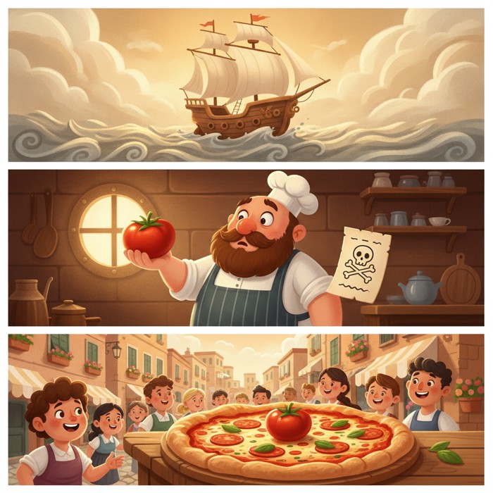 A three-part sequence: a wooden sailing ship crossing a grey Atlantic, a wary cook holding a tomato at arm's length with a skull-marked warning card, then a sunlit Naples street where the same tomato crowns a bubbling pizza.