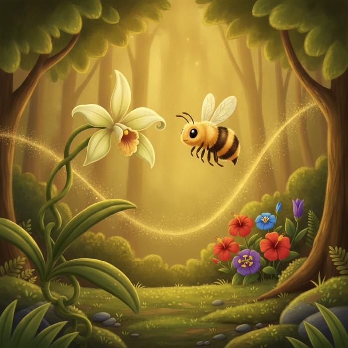 A pale yellow-green Mexican vanilla orchid blooming alone on a vine, a small native bee hovering near it inside a warm forest clearing, while beyond an invisible boundary other flowers sit untouched and pollinator-free.