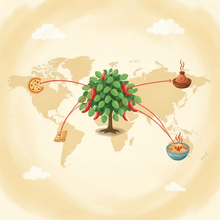 A single chilli shrub rooted in South America with glowing red threads stretching outward to redraw dishes across Europe, Africa and Asia on a stylised map, dramatic and sweeping composition.