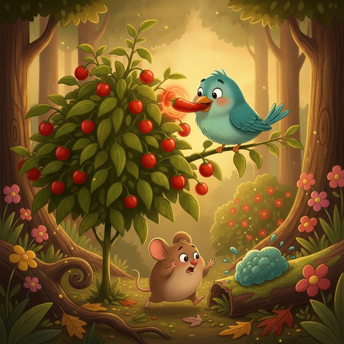 A wild chilli bush where a small bird calmly swallows a red pod while a mouse and a patch of mould shrink back from a faint heat glow, detailed naturalistic scene at dusk.