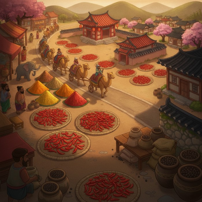 A caravan trail winding from an Indian spice market to a Sichuan courtyard and a Korean village, red chillies drying on mats at each stop while jars of old peppercorns sit forgotten in the corner.