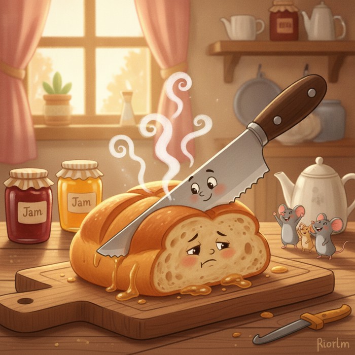A serrated knife pressing into a steaming hot loaf, the soft crumb squashing and smearing under the blade, gummy interior visible, steam rising, regretful mood.
