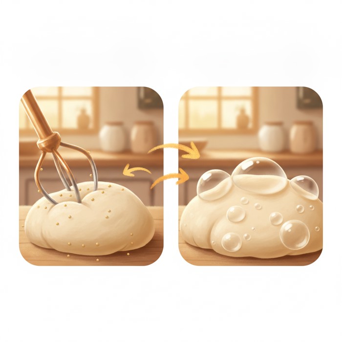 A two-panel close-up of dough: on the left, tiny specks of air trapped by a mixing hook; on the right, those same specks swollen into large round bubbles, arrows showing growth, clean instructional mood.