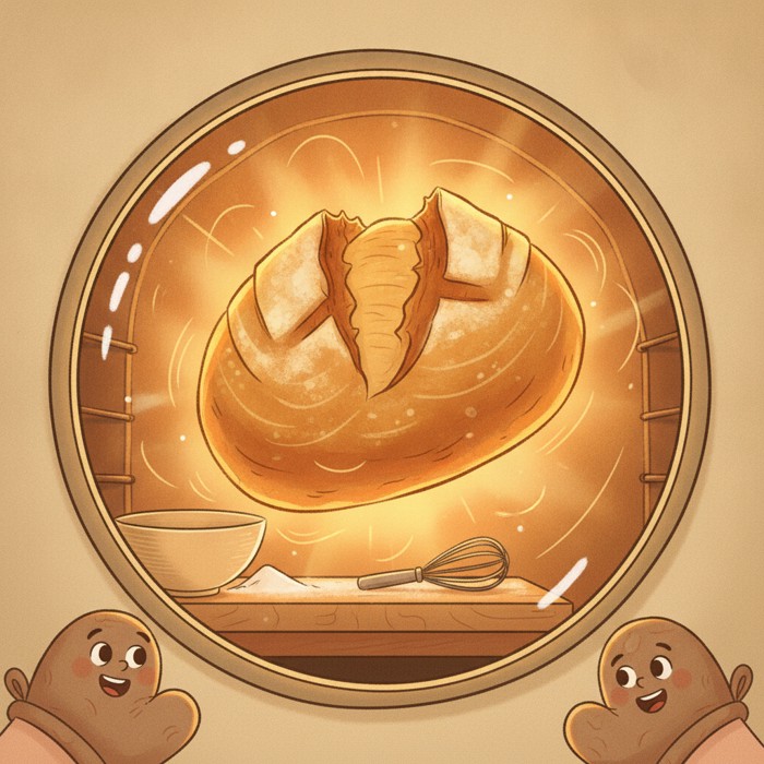 A loaf viewed through an oven window, leaping visibly taller with a bursting seam along its top, orange heat glowing around it, dramatic and energetic mood.
