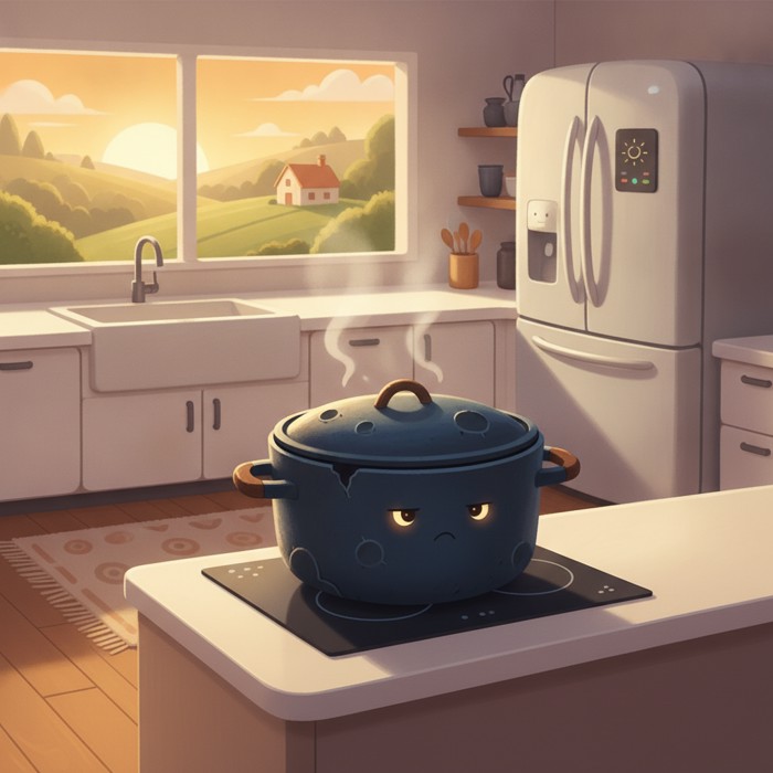 A modern minimalist kitchen in a new country where every appliance is sleek and local, except one old dented cooking pot sitting proudly on the stove, quiet stubborn mood.