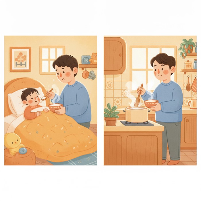 A split illustration: on the left a feverish child in bed being fed congee, on the right the same person as a grown adult ladling congee in their own kitchen, mirrored poses, nostalgic mood.