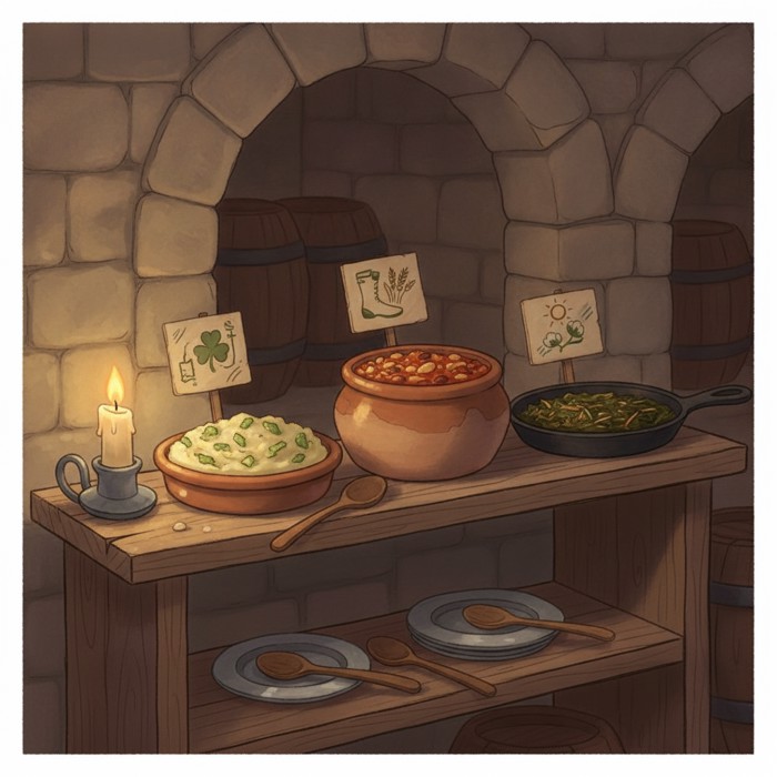 A rustic wooden shelf holding three humble dishes labelled by their regions: mashed colcannon with cabbage, a pot of pasta and beans, and a pan of simmered collard greens, worn tin plates, dim candlelit cellar, historical mood.