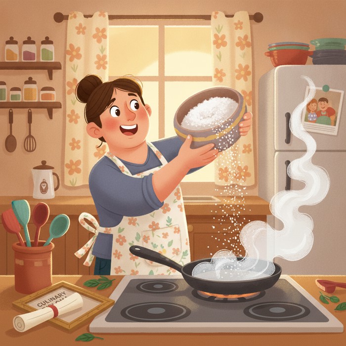 A determined home cook in an apron standing at a domestic stove, boldly showering salt into a fiercely smoking pan, a framed culinary diploma tossed aside on the counter, confident empowered mood, warm evening light.