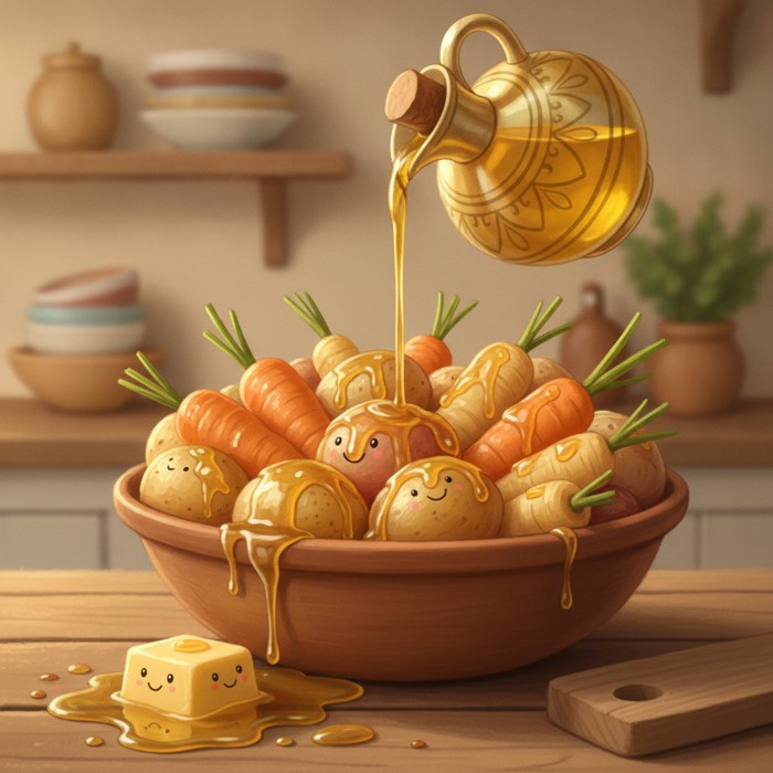 A close-up of golden olive oil, a melting knob of butter, and bubbling meat drippings pouring over roasted vegetables until every edge glistens, glossy amber highlights, rich and indulgent mood, rustic kitchen counter.