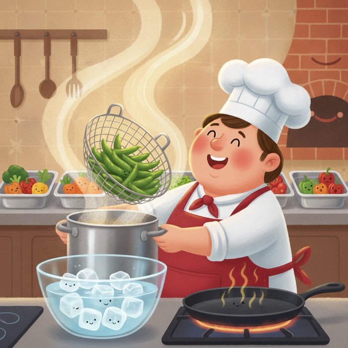 A stainless-steel restaurant station where a cook lifts a wire basket of bright green beans from boiling water into an ice bath, with prepped trays lined up behind and a hot pan waiting on the burner, crisp efficient mood.