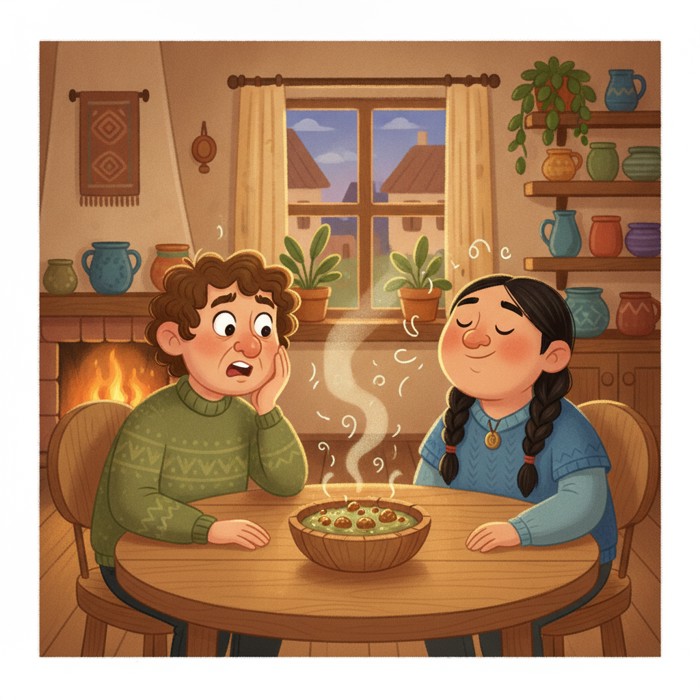 Two people at the same table facing a pungent fermented dish: a visitor wrinkling their nose in surprise, a local closing their eyes with a contented smile, gentle humour and warmth in a cosy dining room.