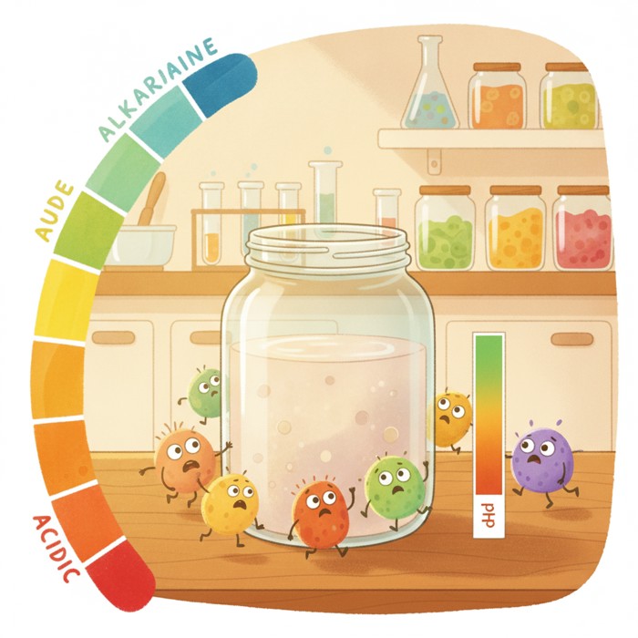 A pH strip turning from green to deep orange beside a jar of brine, while cartoon spoilage microbes outside the jar retreat with worried faces, a colourful acidity scale along the edge, clean laboratory-kitchen setting.