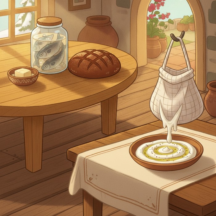 A two-part still life: a Nordic wooden table with salted herring in brine and a dark rye loaf, beside a Levantine table with a cloth bag of straining labneh, a bowl of yoghurt and olive oil, sunlit and homely.