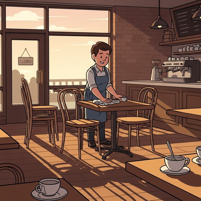 A cartoon worker in an apron smiling as they wipe down a wooden cafe table with a cloth, chairs stacked nearby, end-of-day setting.