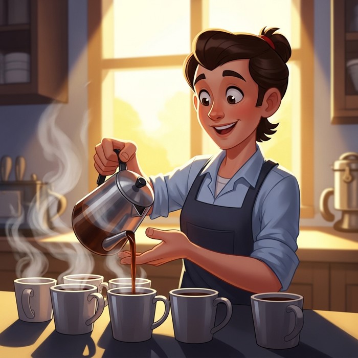 A cartoon barista in an apron cheerfully pouring hot coffee from a pot into a row of mugs, steam rising, bright kitchen background.