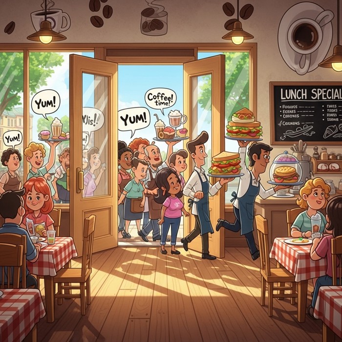 A busy cafe interior at lunchtime, lots of cartoon customers walking in through the door, tables filling up, cheerful and lively.