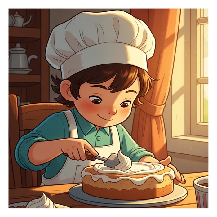 A child spreading white cream on top of a round cake with a small spatula, smiling with concentration.