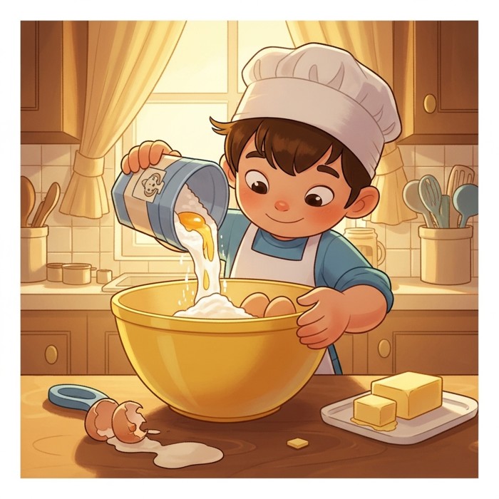 A child carefully pouring flour, sugar, eggs, and butter into a big yellow mixing bowl on a kitchen counter.