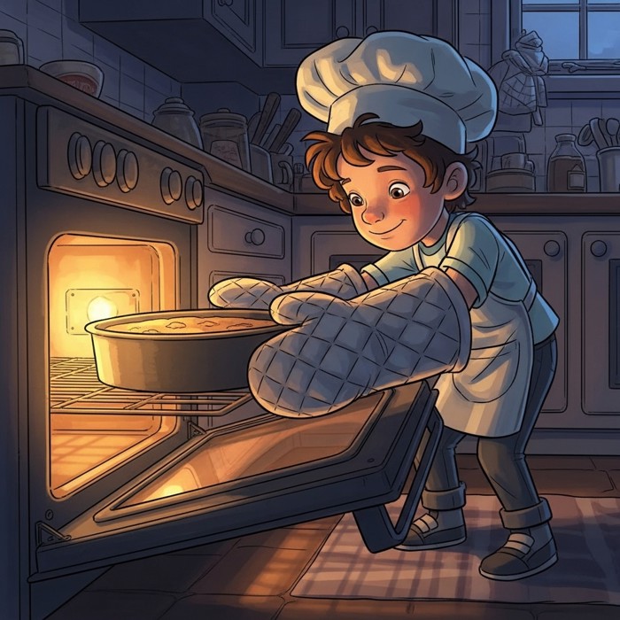 A child wearing oven mitts carefully sliding a round cake pan into a glowing oven.