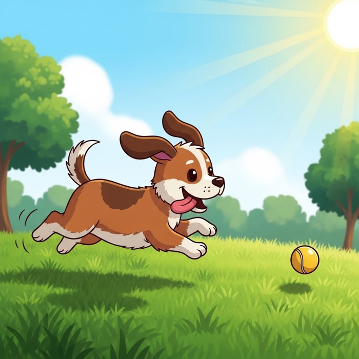 A cute cartoon dog bounding across green park grass, chasing a small yellow ball, tongue out, tail wagging, sunshine in the background.