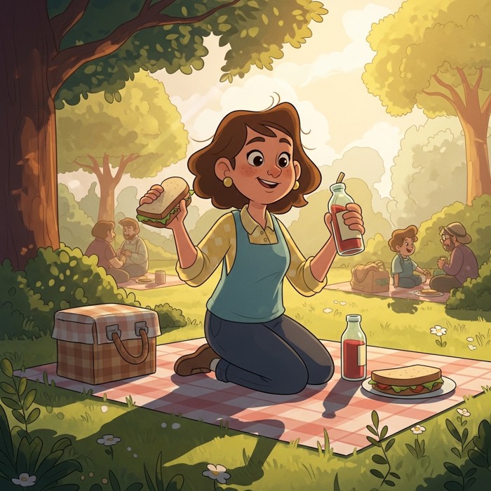 A smiling cartoon mum kneeling on a picnic blanket, holding up a sandwich in one hand and a bottle of juice in the other, sunny park setting.