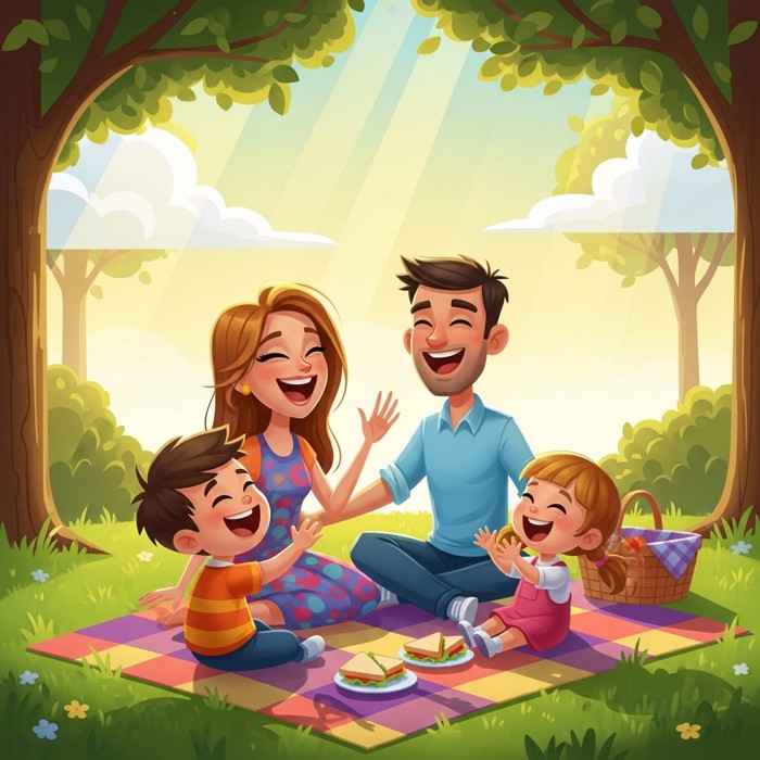 A cartoon family of four sitting in a circle on a picnic blanket in the park, laughing together, warm sunny afternoon light.