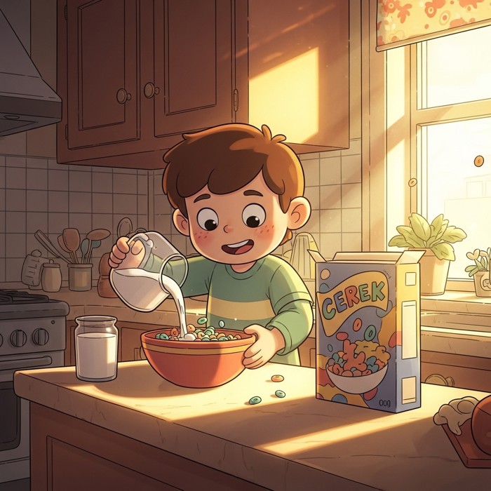 A cartoon child in a U.S. kitchen pouring cereal and cold milk into a big bowl, with bright sunshine through the window and a colorful cereal box on the counter.