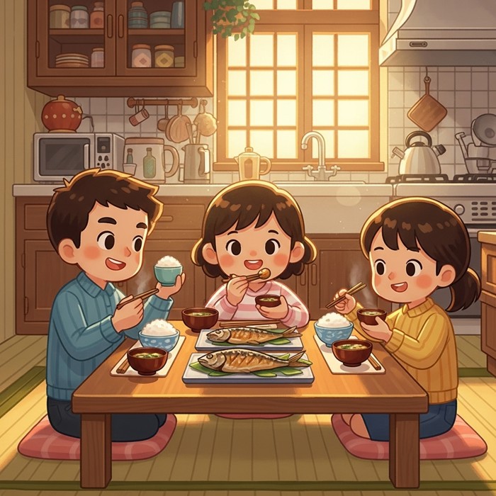A cartoon Japanese family sitting at a low table eating rice, grilled fish, and miso soup in a cozy morning kitchen with warm light streaming in.