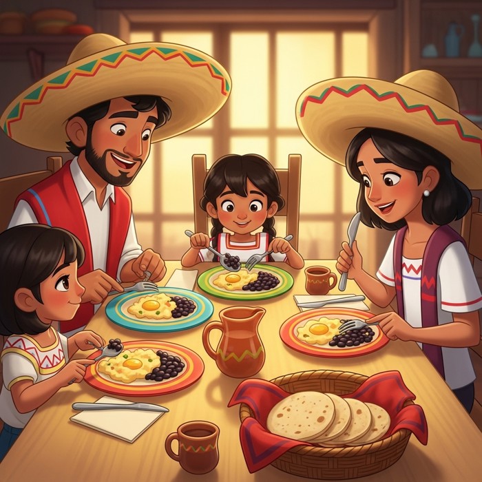 A cheerful Mexican family at a bright table eating scrambled eggs and black beans on colorful plates, with a basket of warm tortillas beside them.