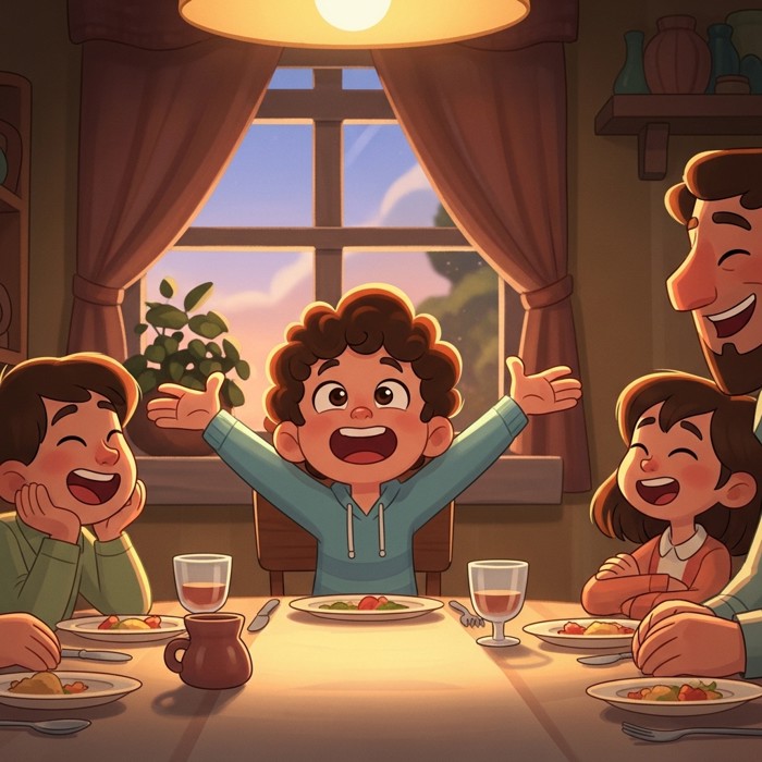 A cartoon family at the dinner table, with one child gesturing excitedly while the others laugh at a funny story.
