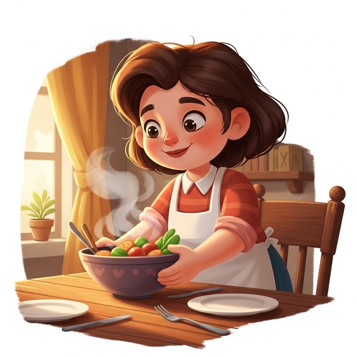 A cheerful cartoon mum carrying a big bowl of steaming food and setting it on a wooden dinner table, smiling warmly.