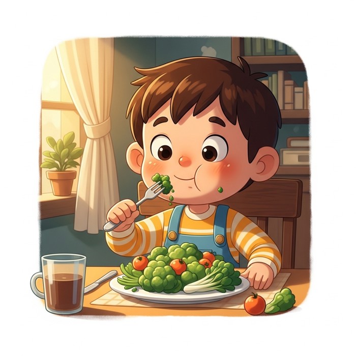 A cartoon child sitting at a table, happily eating a plate piled high with green vegetables, fork in hand.