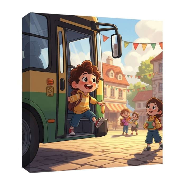 A happy cartoon child stepping down from a bus onto a lively town square, arms slightly open, beaming smile, sunlight all around.