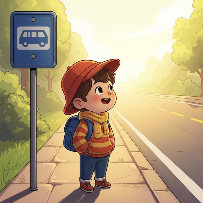 A cartoon child standing beside a blue bus-stop sign on a bright sidewalk, looking down the road with an eager smile.
