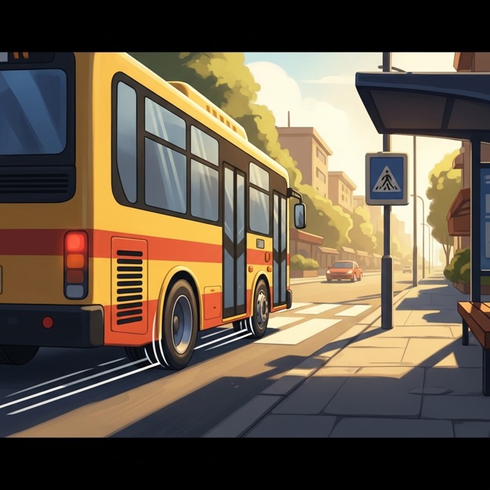 A bright bus pulling away from a stop, wheels spinning, motion lines showing speed, the street scenery blurring gently past.