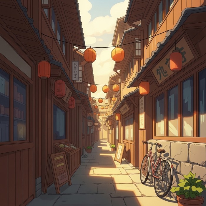 A calm cartoon alley lined with traditional wooden shop fronts, lanterns hanging overhead, and a single bicycle leaning against a stone wall.