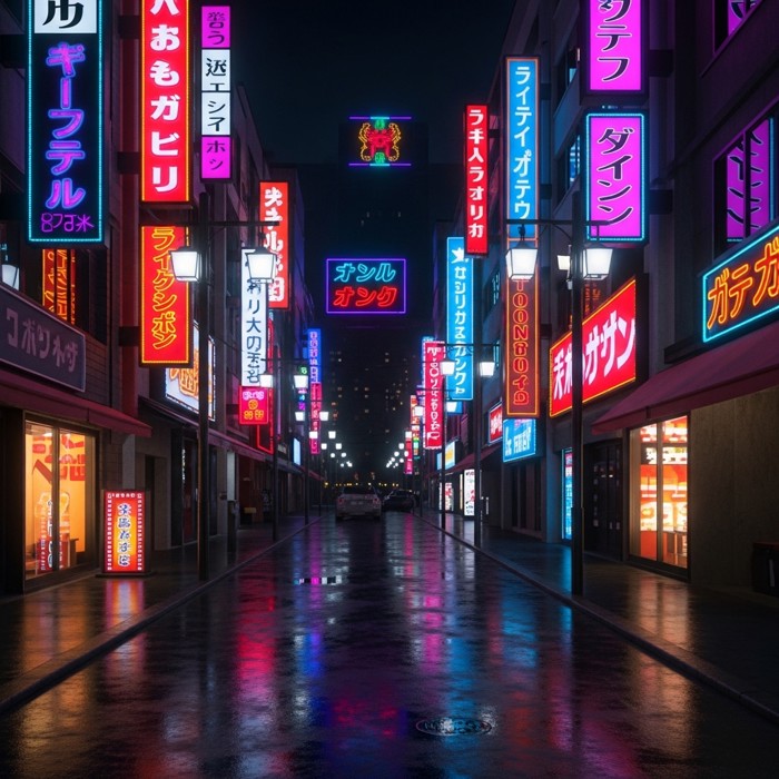 A cartoon Tokyo street at night with dozens of colorful neon signs lighting up a wide avenue, reflecting off wet pavement below.