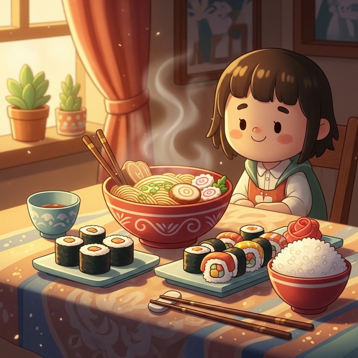 A cheerful cartoon table set with a steaming bowl of ramen, a plate of colorful sushi rolls, and a bowl of white rice, all glowing with warmth.