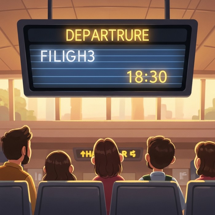 A bright digital departure board hanging above a gate seating area, displaying a flight number and departure time in large glowing letters, travelers looking up at it.