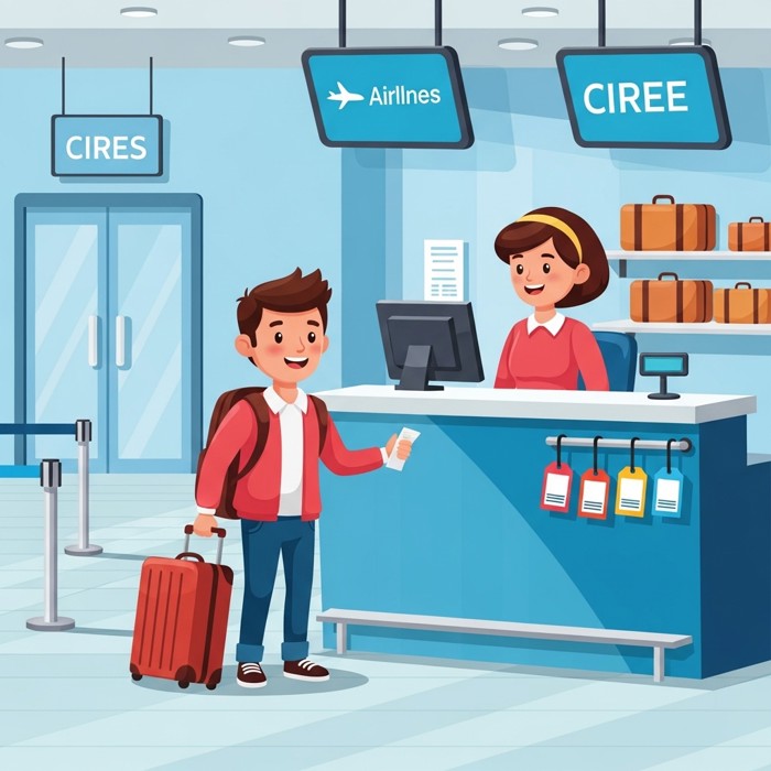 A cheerful cartoon traveler approaching a bright airline check-in counter staffed by a smiling worker, with a queue line and luggage tags hanging from the desk.