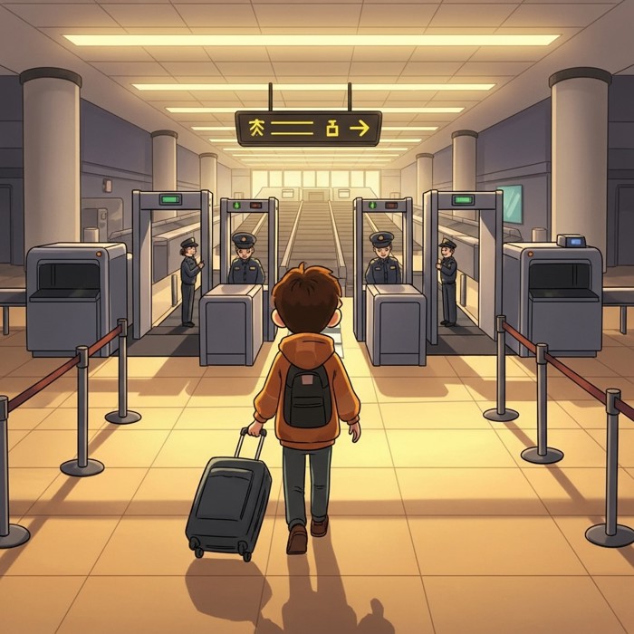 A cartoon traveler walking through a wide airport corridor toward a security checkpoint with gray scanning machines, uniformed officers, and a conveyor belt visible ahead.