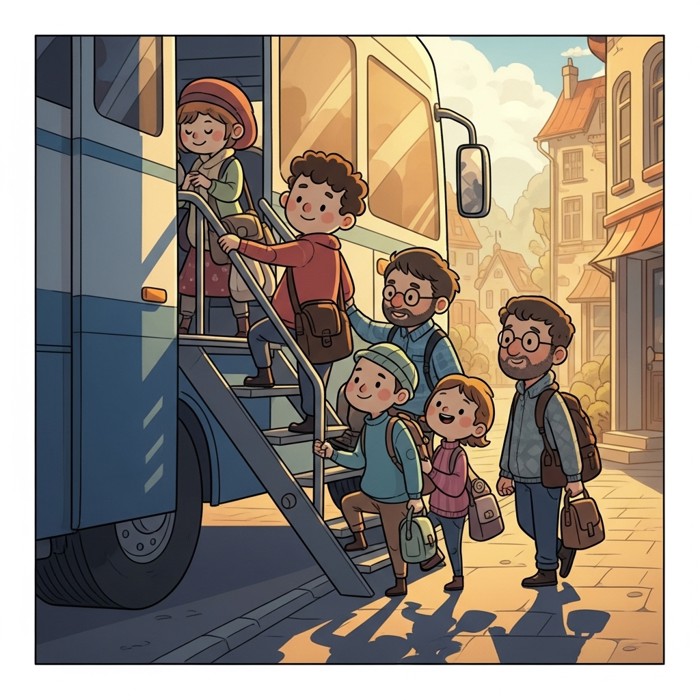 Several cartoon passengers climbing the steps of a stopped bus in a small sunny town, carrying bags and smiling.