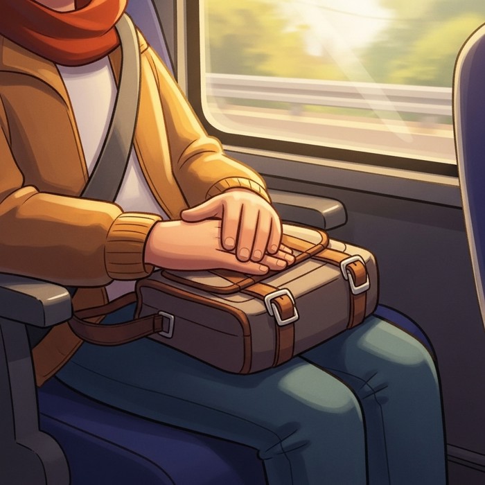 A close-up cartoon view of a traveler's hands resting on a small bag placed neatly on their lap, inside a moving bus.