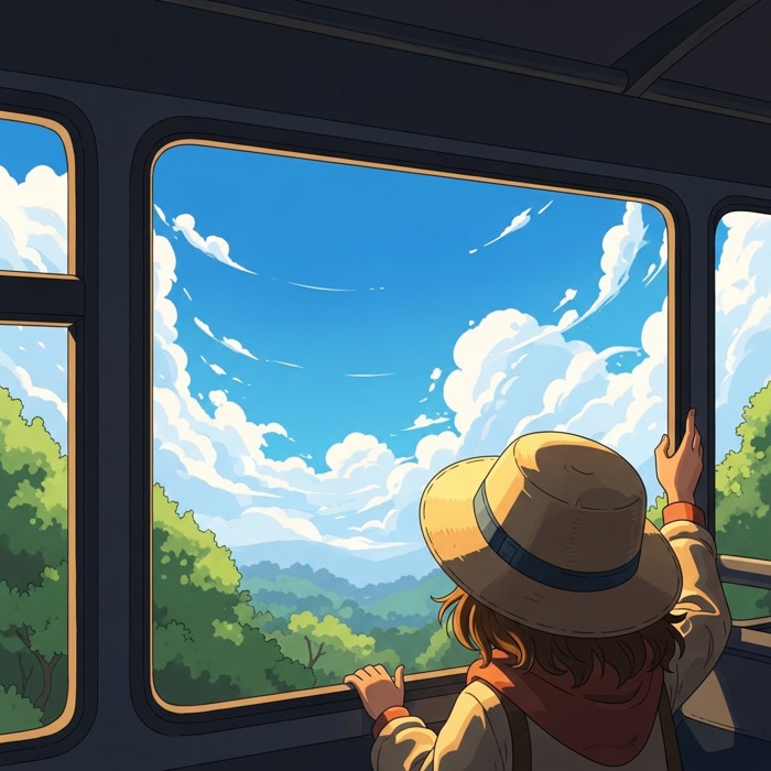 A sweeping view of a vast bright blue sky with soft white clouds above green treetops, seen from a bus window.