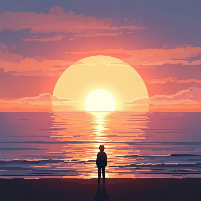 A large glowing orange sun rising slowly above the flat horizon of a calm sea, warm orange and pink light reflecting across the water, a silhouetted figure watching from the beach.