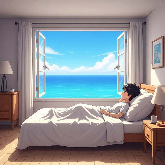 A cartoon person lying in a cozy white bed, propped up on pillows, gazing through a large open window at a vivid blue ocean stretching to the horizon.