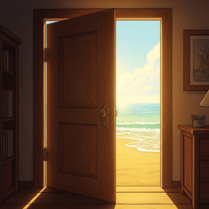 A cartoon wooden door swung open to reveal a sandy beach just one step away, golden sand, gentle waves, and a bright sunny sky directly outside.
