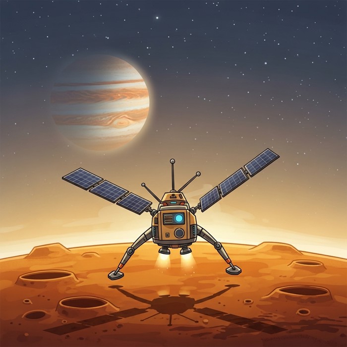 A small robotic spacecraft with extended solar panels and antennas approaching the rust-colored surface of Mars, Jupiter's striped disk faintly visible in the far distance