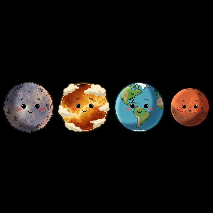A side-by-side comparison of the four small rocky inner planets, cratered gray Mercury, cloudy yellow Venus, blue-green Earth, and rusty red Mars, lined up against black space