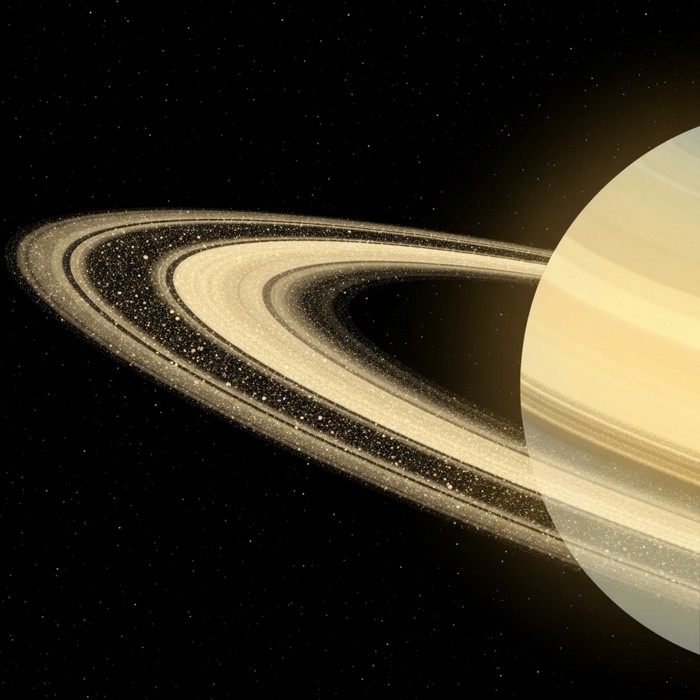 A close-up of Saturn's pale golden rings catching sunlight at an angle, layers of ice and rock particles glittering in fine detail against the black of space